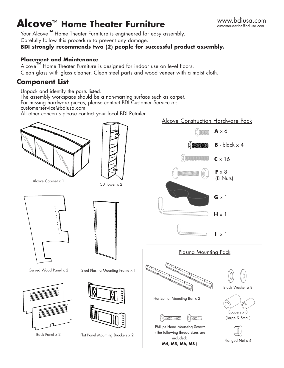 Alcove, Home theater furniture, Component list | BDI 8200 Alcove User Manual | Page 2 / 10