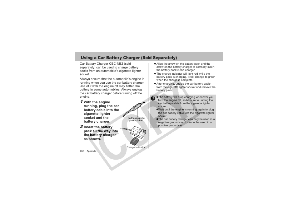 Using a car battery charger (sold separately) | Canon CDI-E151-010 User Manual | Page 152 / 179