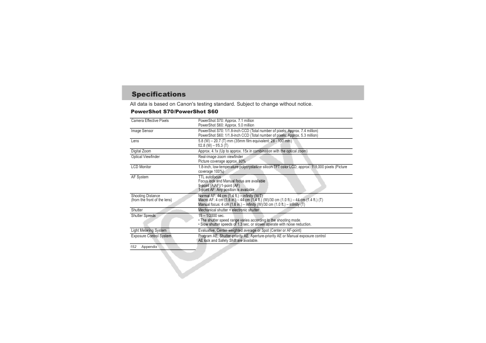 Specifications | Canon CDI-E151-010 User Manual | Page 154 / 179