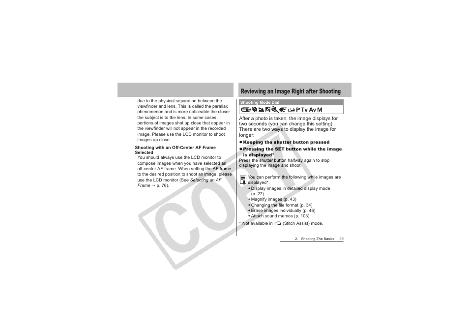 Reviewing an image right after shooting | Canon CDI-E151-010 User Manual | Page 35 / 179