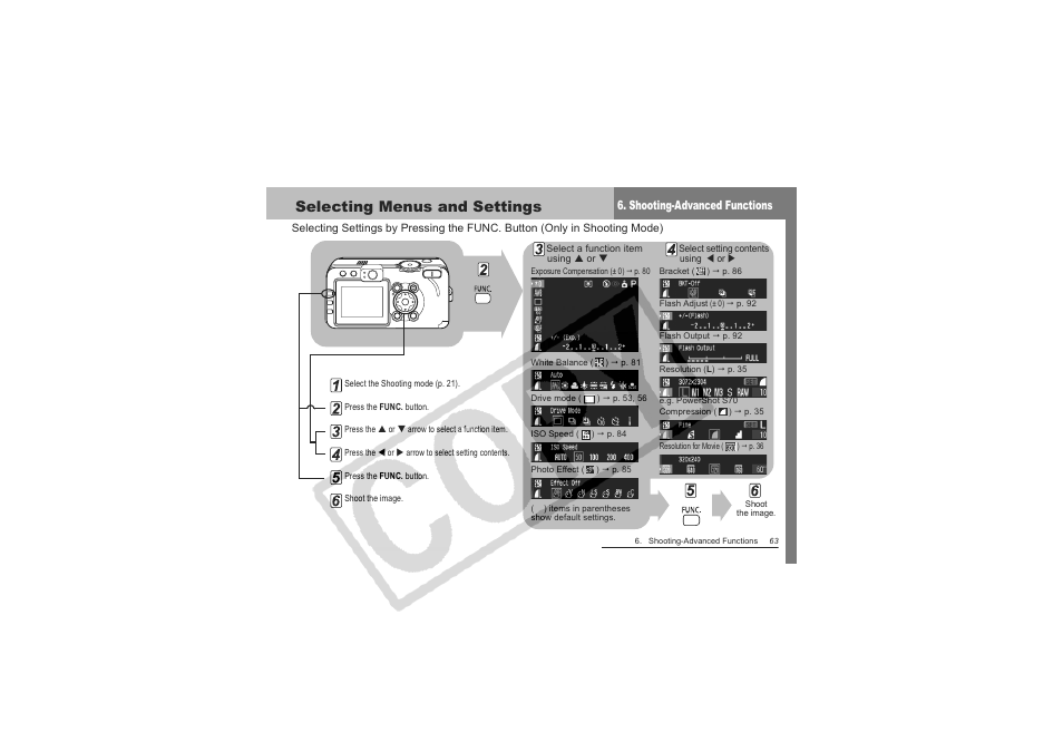 Selecting menus and settings, Shooting-advanced functions | Canon CDI-E151-010 User Manual | Page 65 / 179