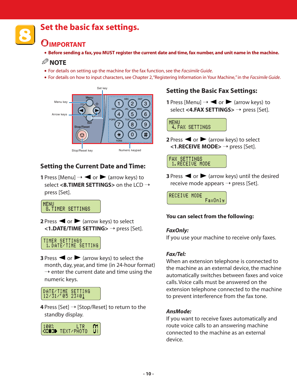 Set the basic fax settings, Setting the current date and time, Setting the basic fax settings | Important | Canon ImageCLASS MF8180c User Manual | Page 10 / 24