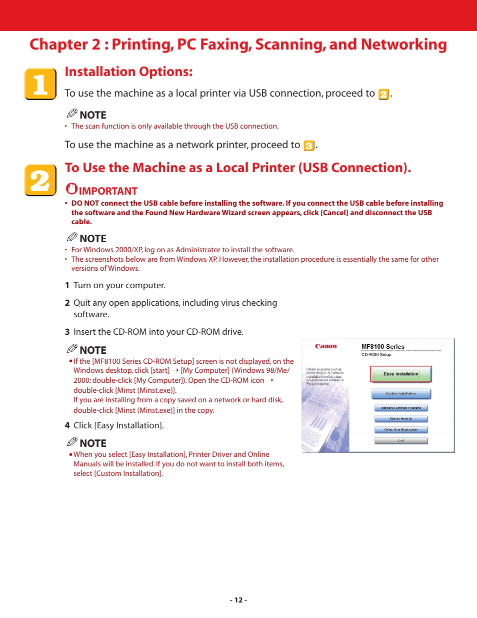 Printing, pc faxing, scanning, and networking, Installation options | Canon ImageCLASS MF8180c User Manual | Page 12 / 24