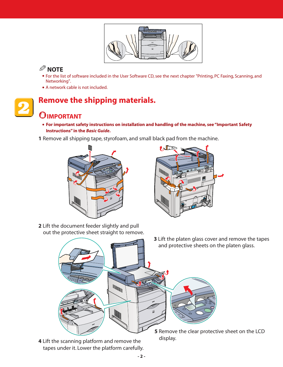 Remove the shipping materials, Important | Canon ImageCLASS MF8180c User Manual | Page 2 / 24