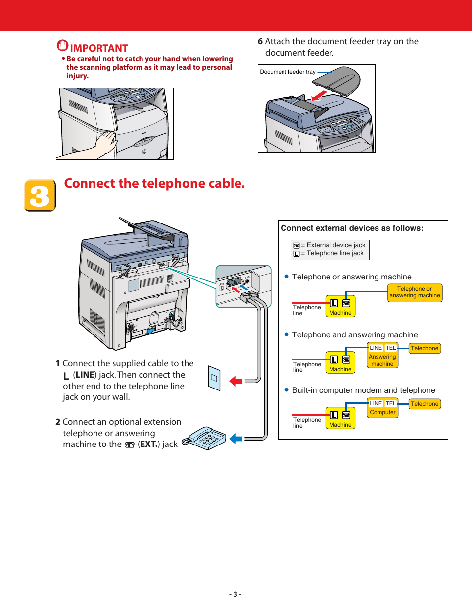 Connect the telephone cable, Important | Canon ImageCLASS MF8180c User Manual | Page 3 / 24