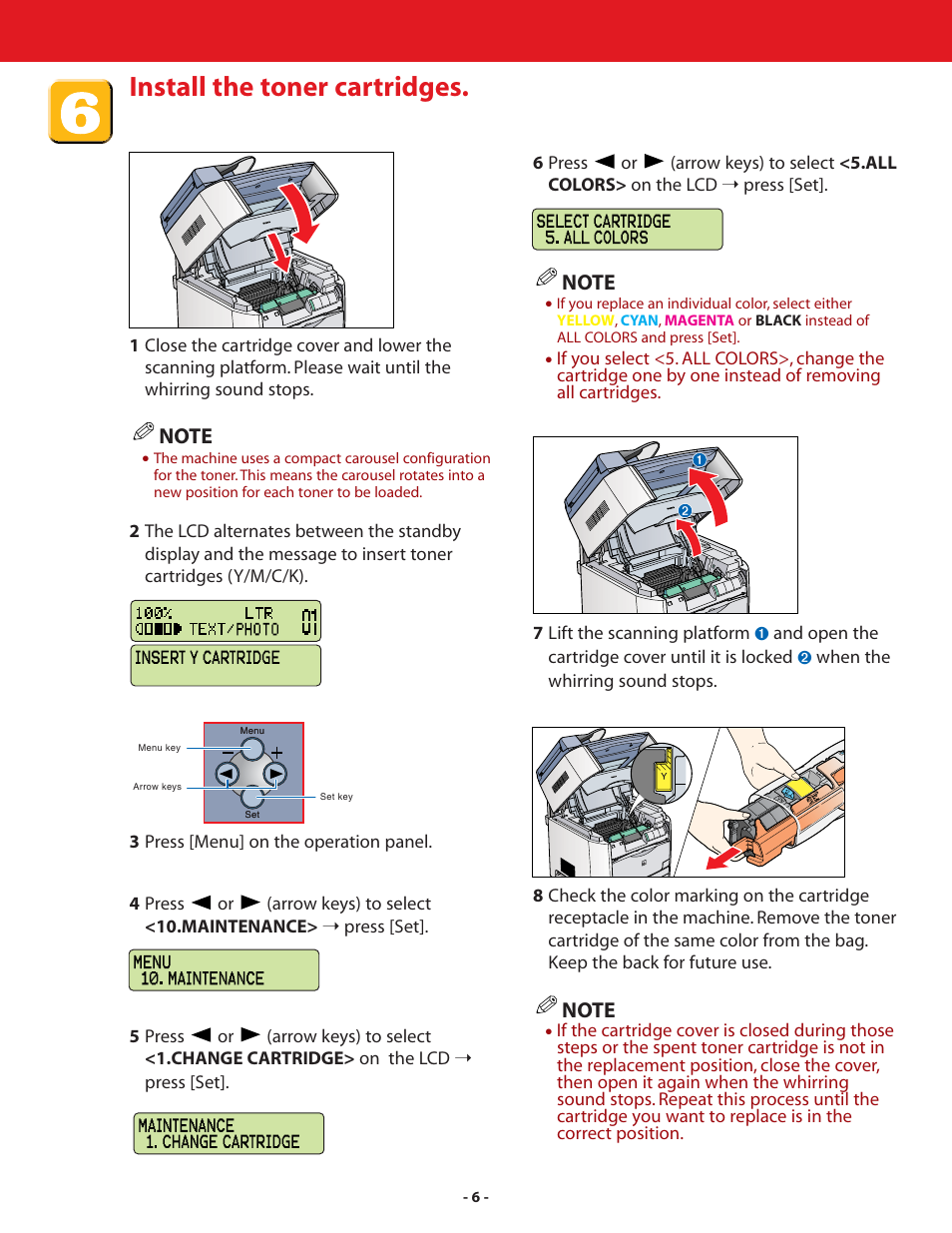 Install the toner cartridges | Canon ImageCLASS MF8180c User Manual | Page 6 / 24