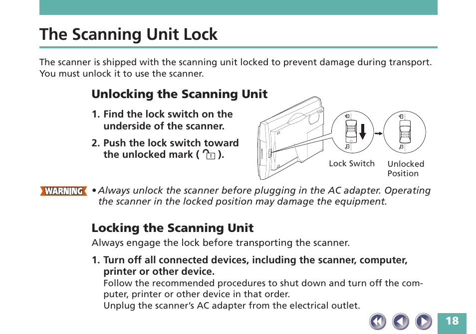 The scanning unit lock, Unlocking the scanning unit, Locking the scanning unit | Canon FB620P User Manual | Page 18 / 79