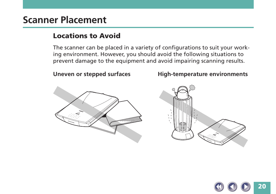 Scanner placement, Locations to avoid | Canon FB620P User Manual | Page 20 / 79