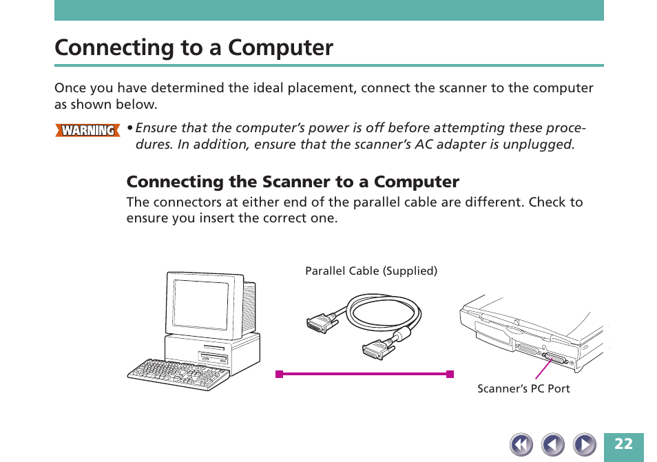 Connecting to a computer, Connecting the scanner to a computer | Canon FB620P User Manual | Page 22 / 79