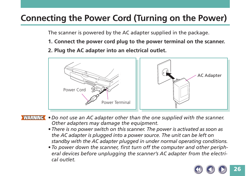 Connecting the power cord (turning on the power) | Canon FB620P User Manual | Page 26 / 79