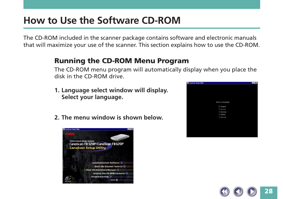 How to use the software cd-rom, Running the cd-rom menu program | Canon FB620P User Manual | Page 28 / 79