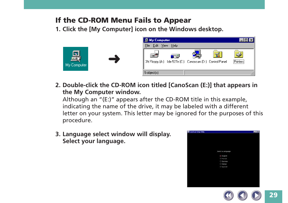 If the cd-rom menu fails to appear | Canon FB620P User Manual | Page 29 / 79