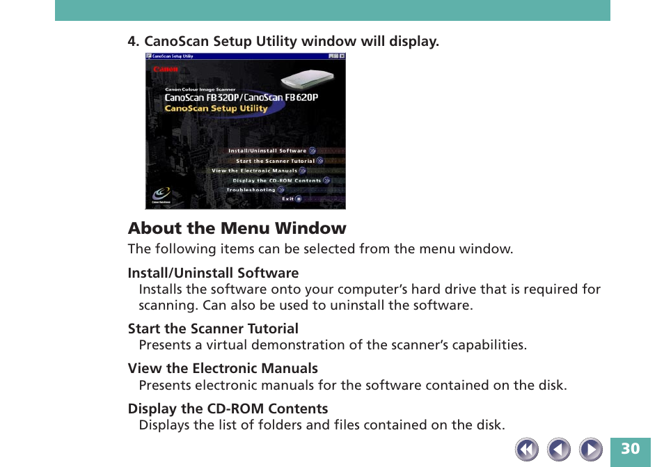 About the menu window | Canon FB620P User Manual | Page 30 / 79