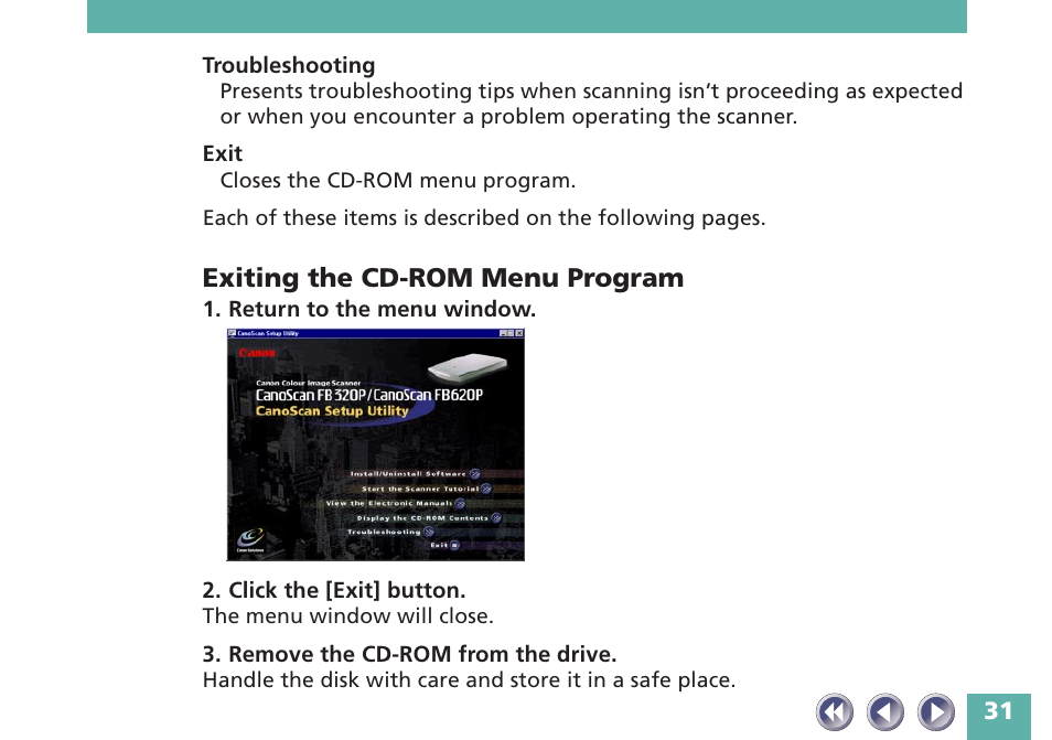 Exiting the cd-rom menu program | Canon FB620P User Manual | Page 31 / 79