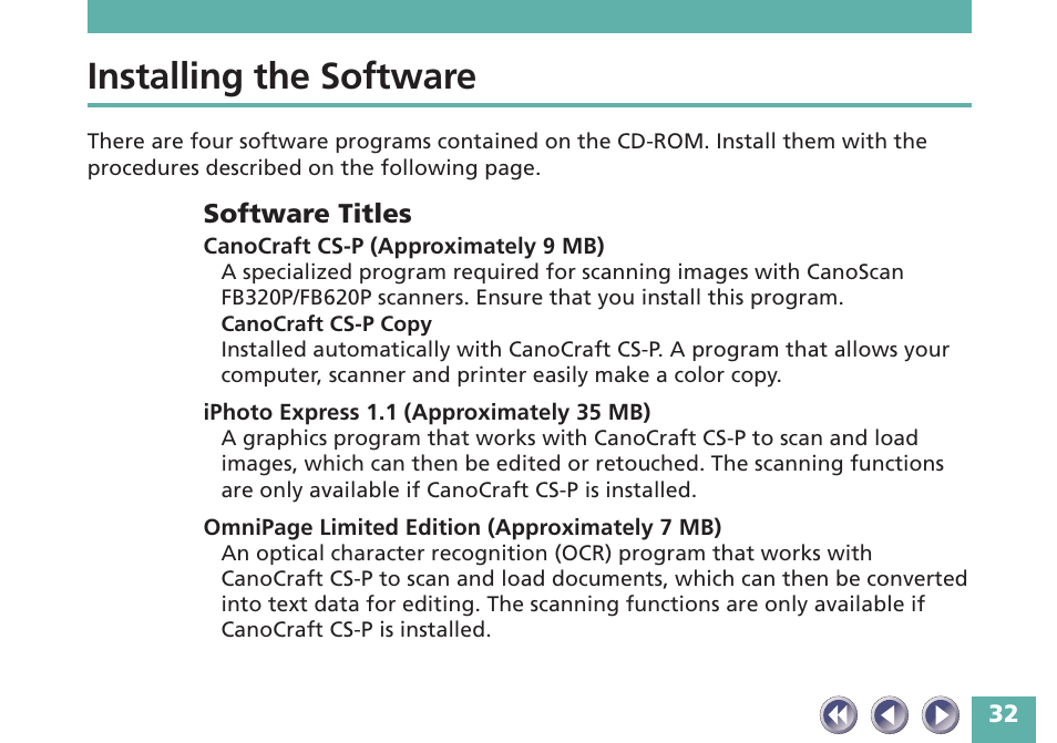 Installing the software, Software titles | Canon FB620P User Manual | Page 32 / 79