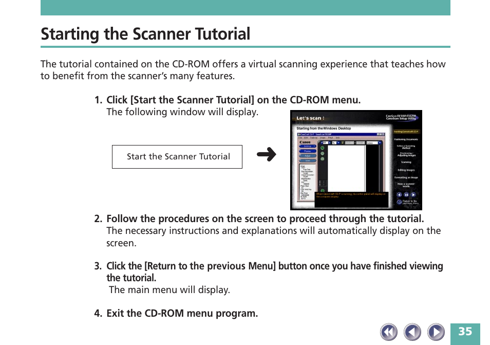 Starting the scanner tutorial | Canon FB620P User Manual | Page 35 / 79