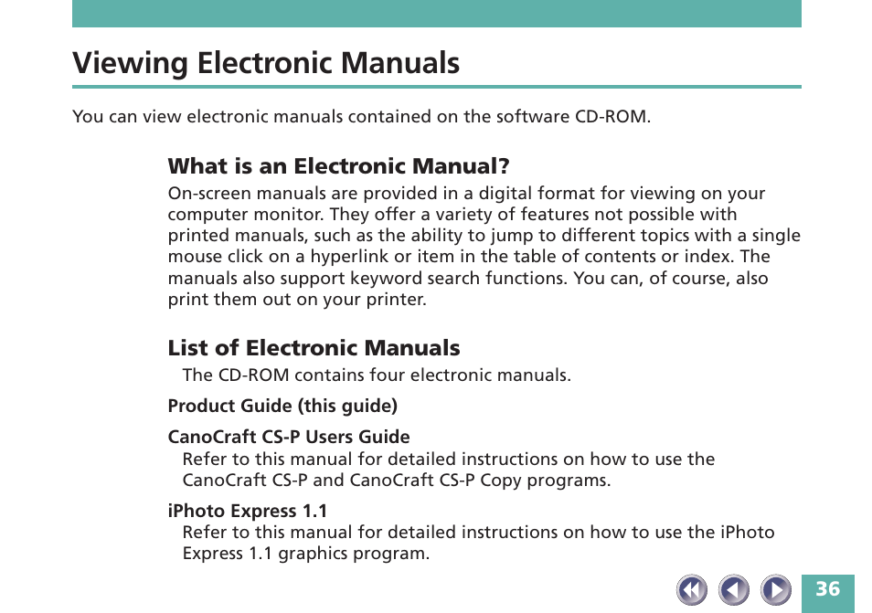 Viewing electronic manuals, What is an electronic manual, List of electronic manuals | Canon FB620P User Manual | Page 36 / 79