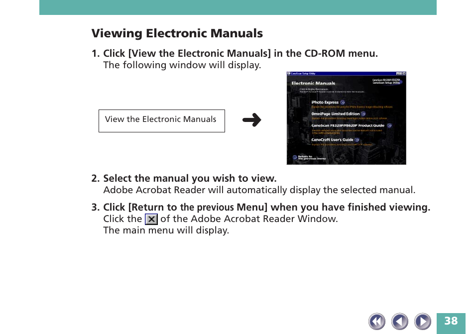 Viewing electronic manuals | Canon FB620P User Manual | Page 38 / 79