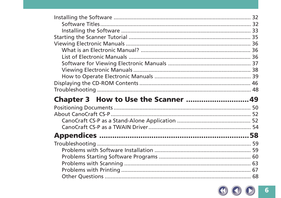 Chapter 3 how to use the scanner, Appendices | Canon FB620P User Manual | Page 6 / 79