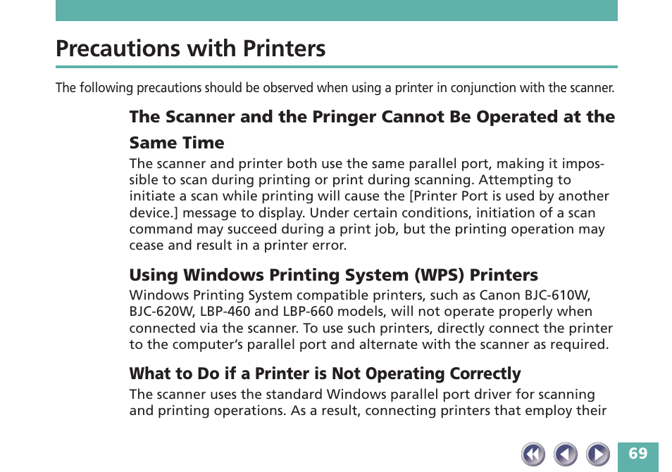 Precautions with printers, Using windows printing system (wps) printers, What to do if a printer is not operating correctly | Canon FB620P User Manual | Page 69 / 79