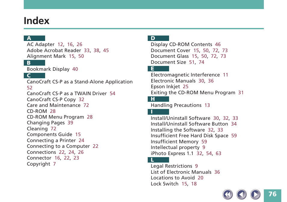 Index | Canon FB620P User Manual | Page 76 / 79