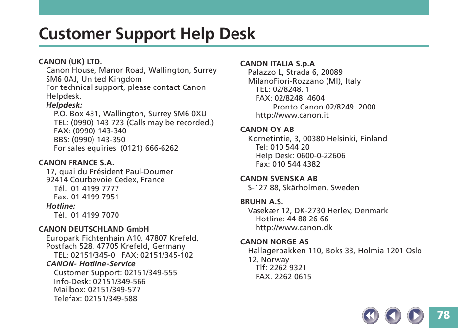 Customer support help desk, P. 78-79 | Canon FB620P User Manual | Page 78 / 79