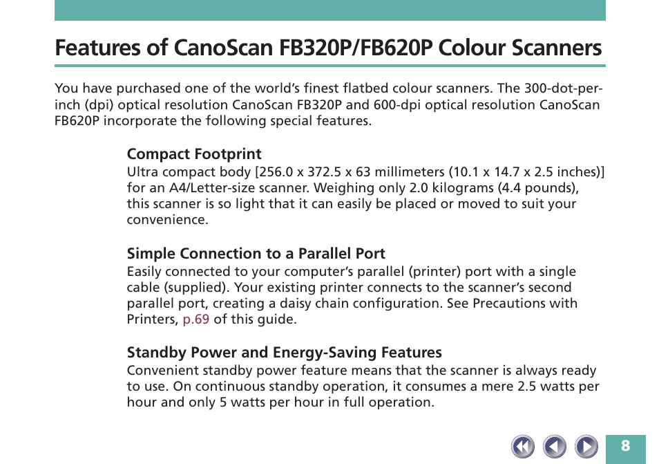 Features of canoscan fb320p/fb620p colour scanners | Canon FB620P User Manual | Page 8 / 79