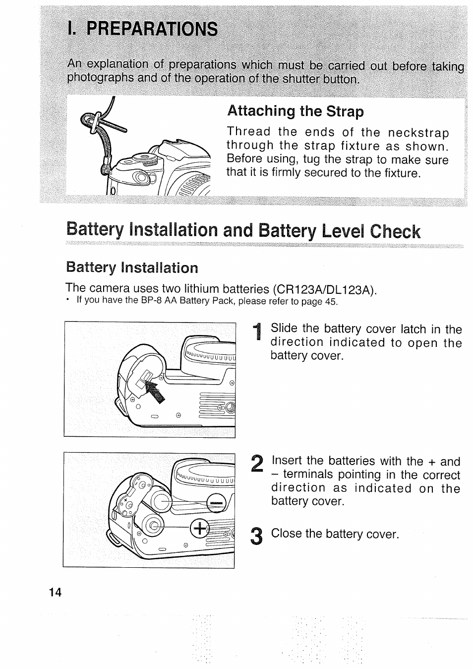 I. preparations, Battery installation and battery level check, Battery installation | Canon EOS 5000 User Manual | Page 14 / 64