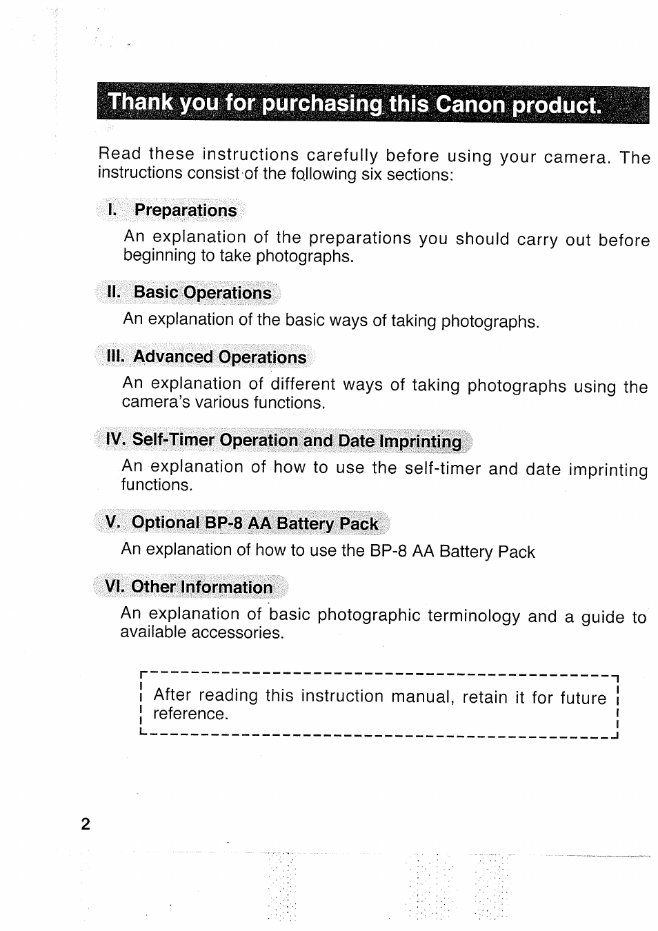 I. preparations, Ii. basic operations, Iii. advanced operations | Iv. self-timer operation and date imprinting, V. optional bp-8 aa battery pack, Vi. other information | Canon EOS 5000 User Manual | Page 2 / 64