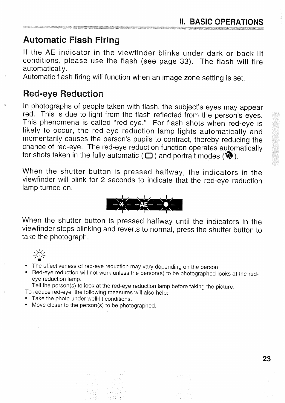 Red“eye reduction, Ii. basic operations | Canon EOS 5000 User Manual | Page 23 / 64