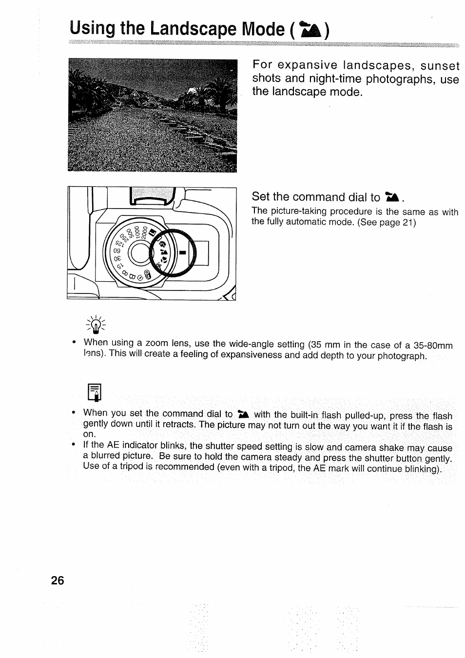 Using the landscape mode ( l a ) | Canon EOS 5000 User Manual | Page 26 / 64