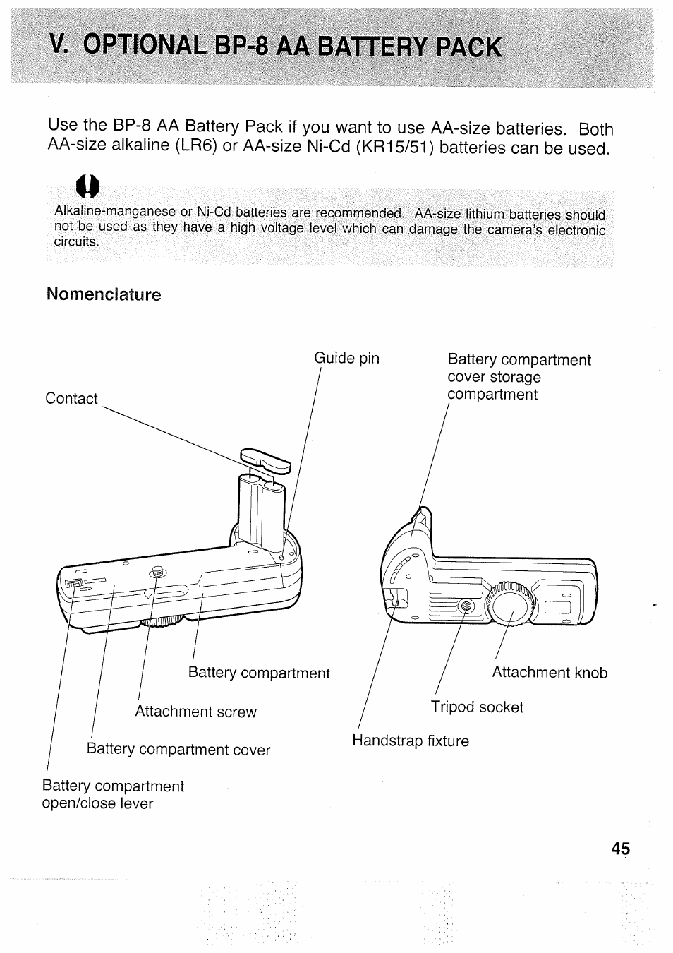 V. optional bp-8 aa battery pack, Nomenclature | Canon EOS 5000 User Manual | Page 45 / 64