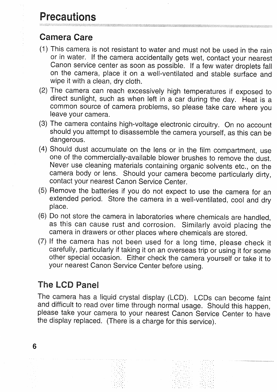 Precautions, Camera care, The lcd panel | Canon EOS 5000 User Manual | Page 6 / 64