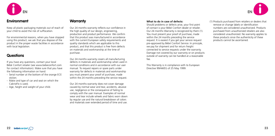 Environment, Questions, Warranty | Bebe Confort CabrioFix User Manual | Page 12 / 21