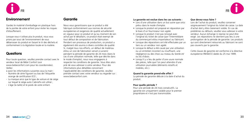 Environnement, Questions, Garantie | Bebe Confort CabrioFix User Manual | Page 18 / 21