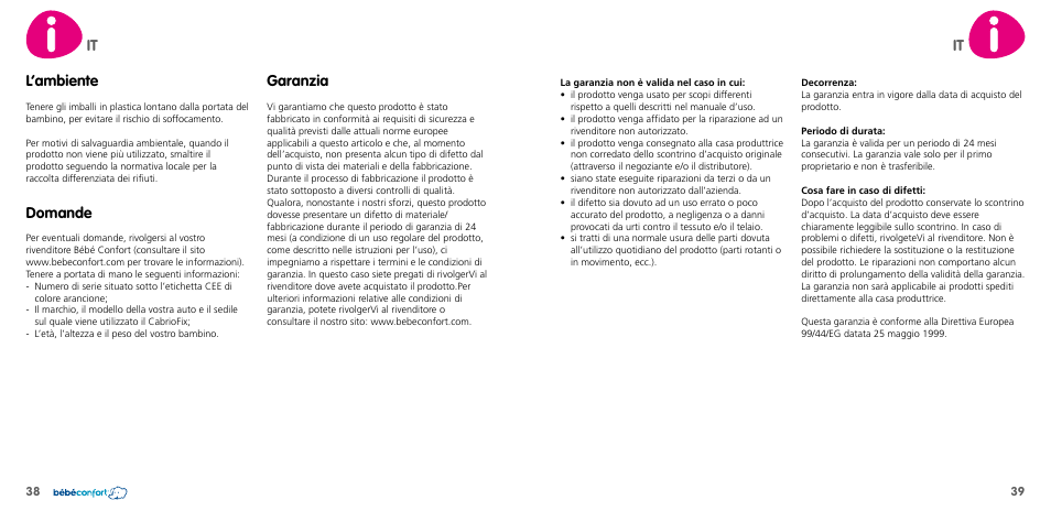 L’ambiente, Domande, Garanzia | Bebe Confort CabrioFix User Manual | Page 20 / 21