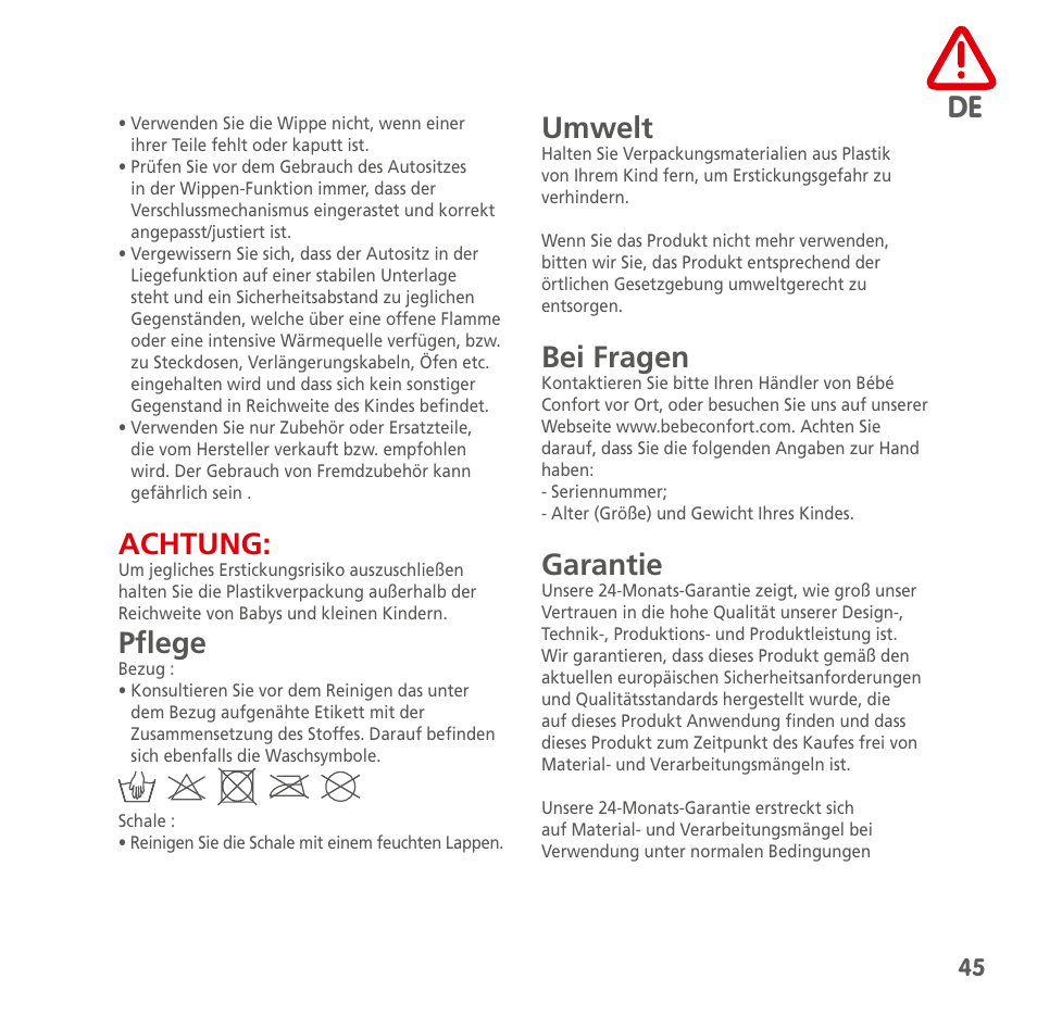 Achtung, Pflege, Umwelt | Bei fragen, Garantie | Bebe Confort Streety.Fix User Manual | Page 43 / 94