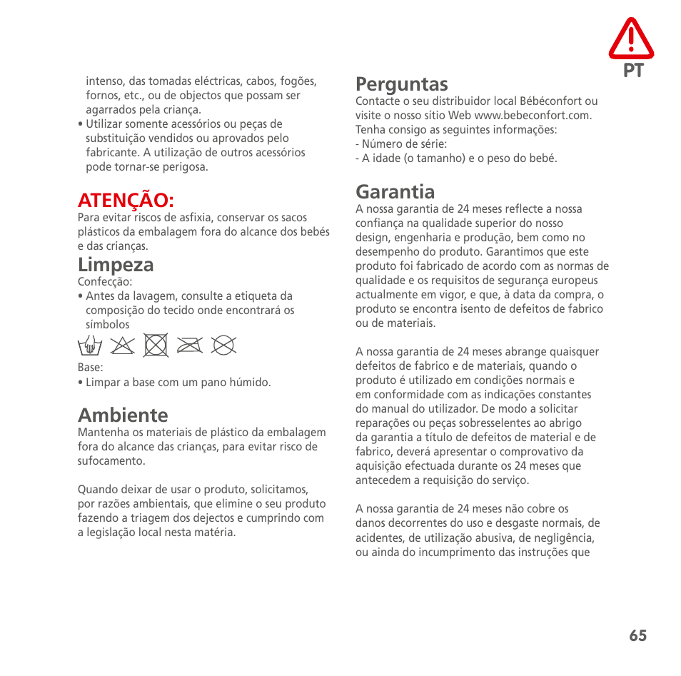 Atenção, Limpeza, Ambiente | Perguntas, Garantia | Bebe Confort Streety.Fix User Manual | Page 63 / 94