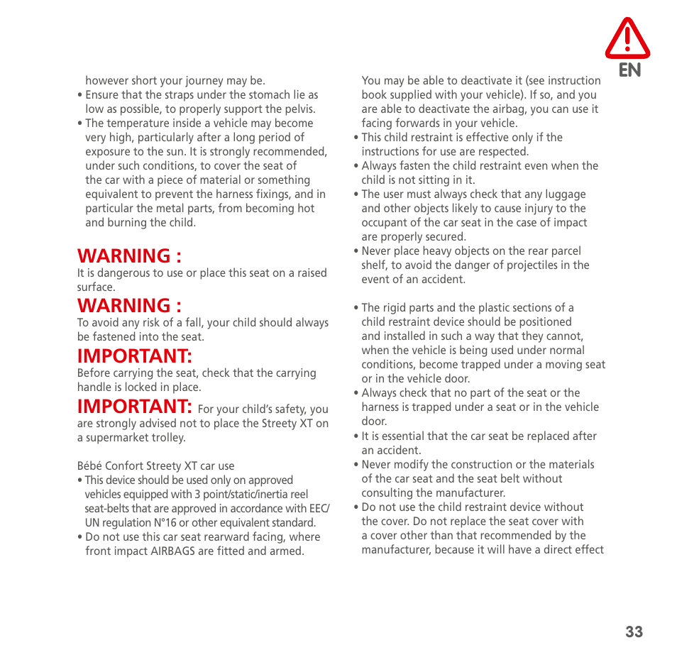 Warning, Important | Bebe Confort Streety XT User Manual | Page 31 / 106