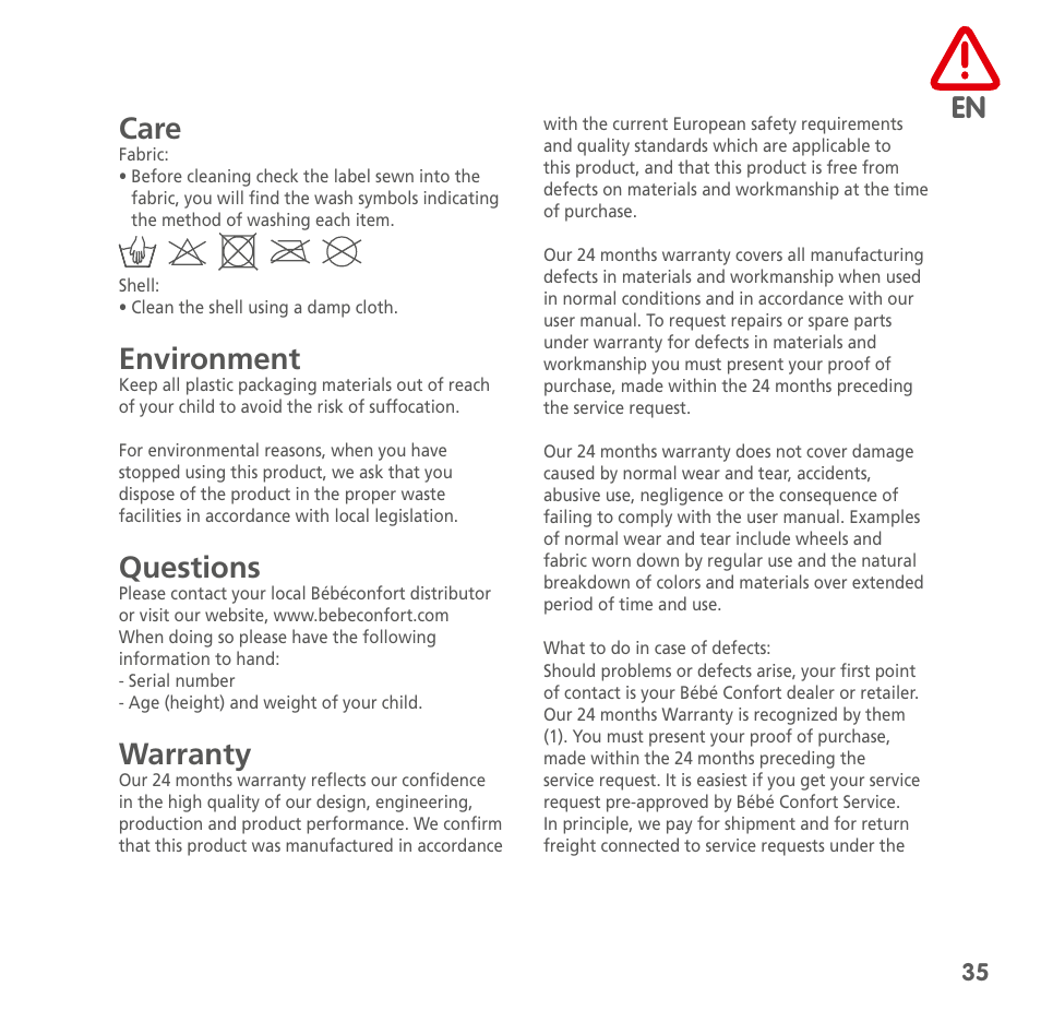 Care, Environment, Questions | Warranty | Bebe Confort Streety XT User Manual | Page 33 / 106