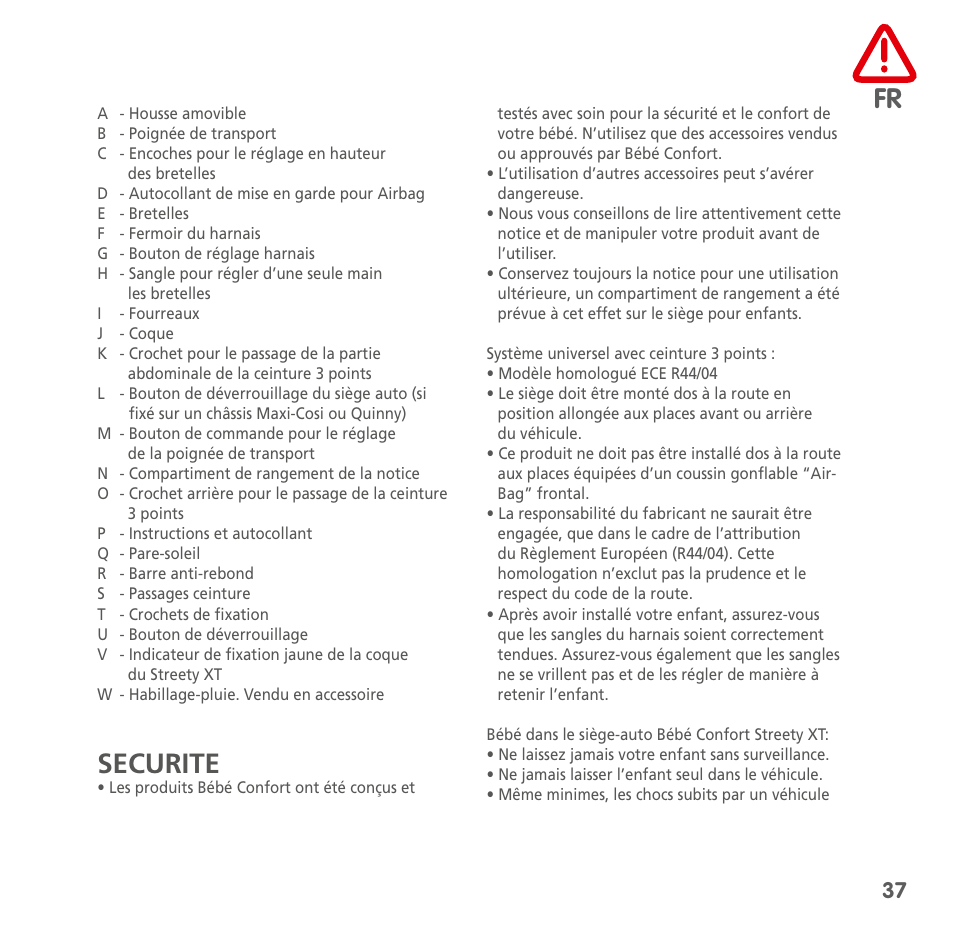 Securite | Bebe Confort Streety XT User Manual | Page 35 / 106