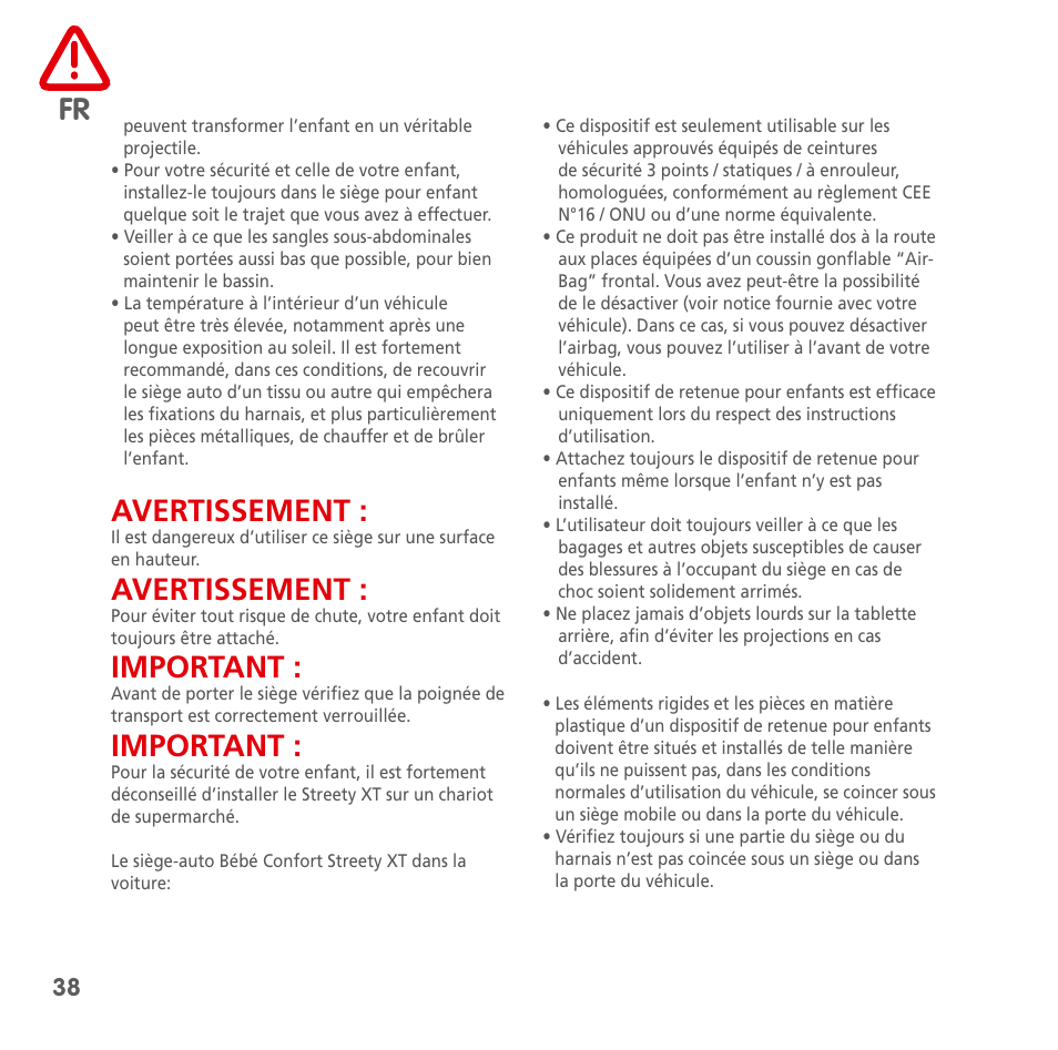 Avertissement, Important | Bebe Confort Streety XT User Manual | Page 36 / 106