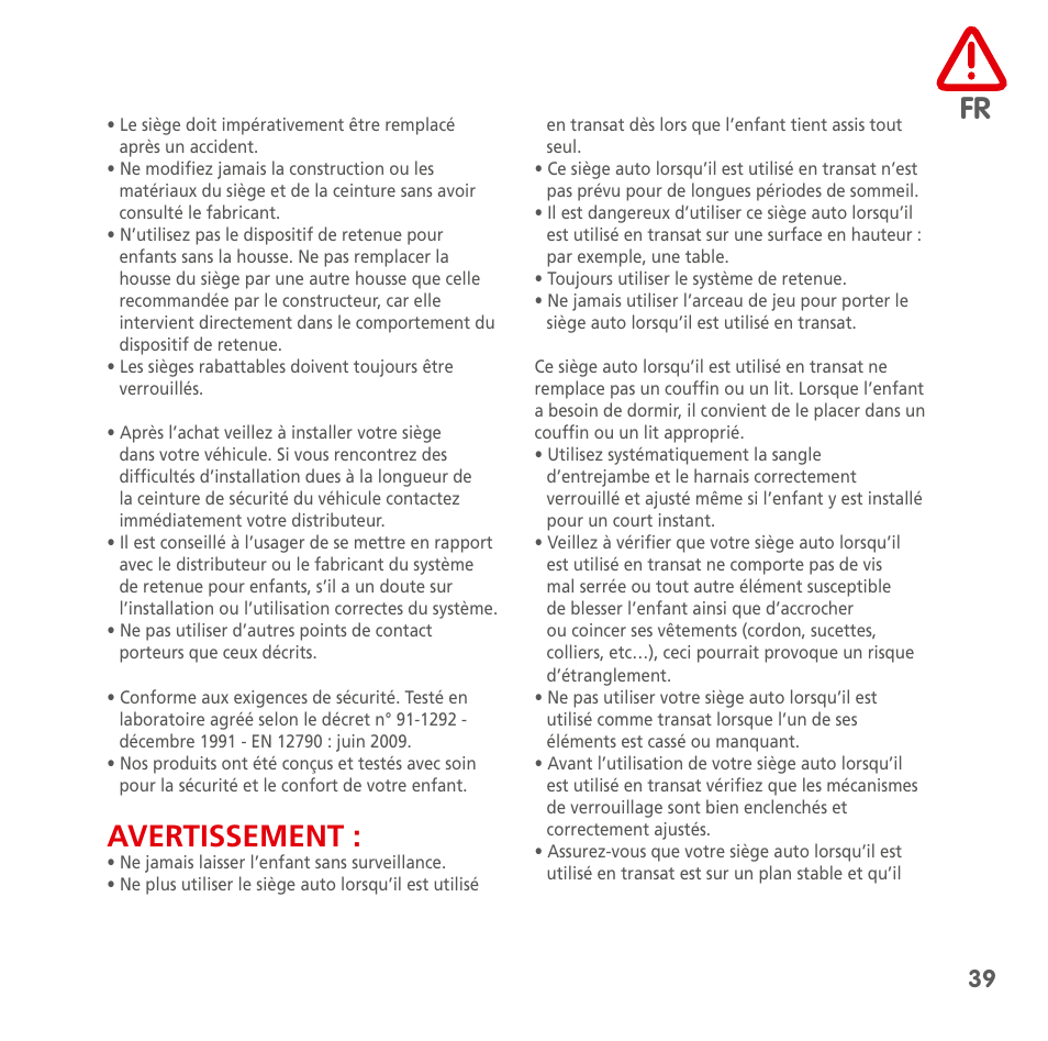 Avertissement | Bebe Confort Streety XT User Manual | Page 37 / 106