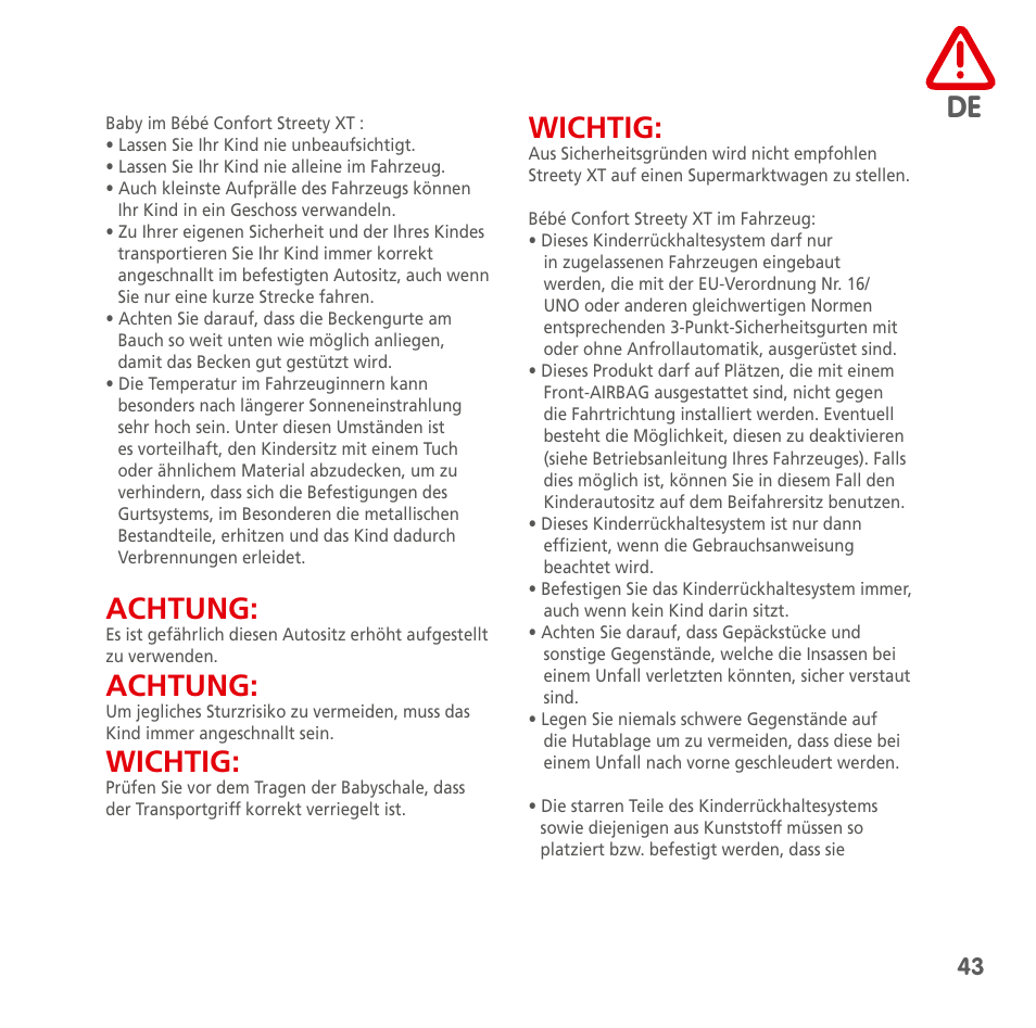 Achtung, Wichtig | Bebe Confort Streety XT User Manual | Page 41 / 106