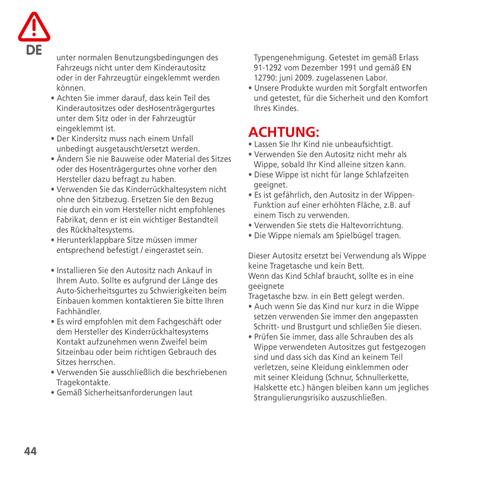 Achtung | Bebe Confort Streety XT User Manual | Page 42 / 106