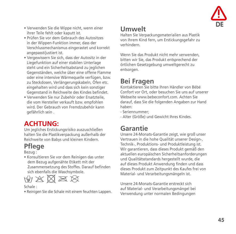 Achtung, Pflege, Umwelt | Bei fragen, Garantie | Bebe Confort Streety XT User Manual | Page 43 / 106