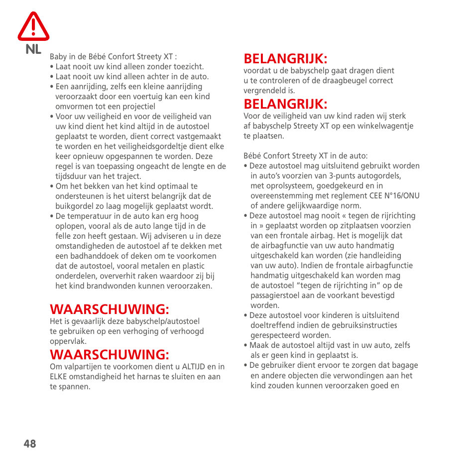 Waarschuwing, Belangrijk | Bebe Confort Streety XT User Manual | Page 46 / 106