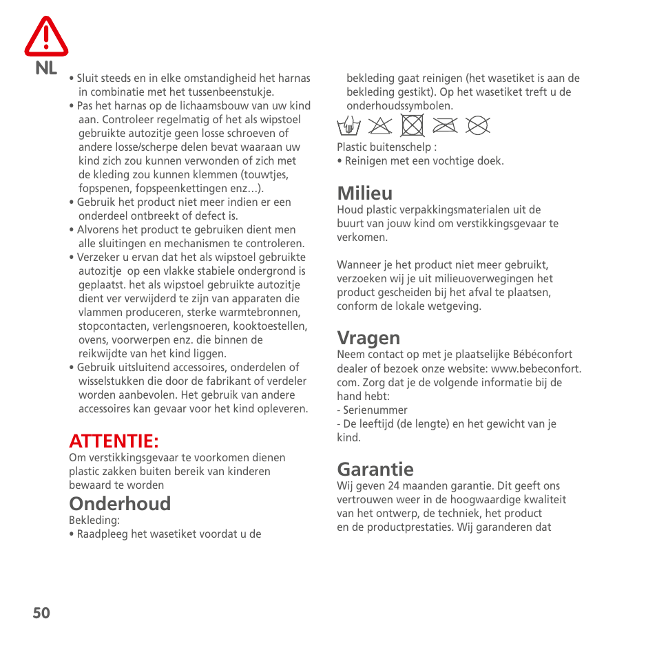 Attentie, Onderhoud, Milieu | Vragen, Garantie | Bebe Confort Streety XT User Manual | Page 48 / 106