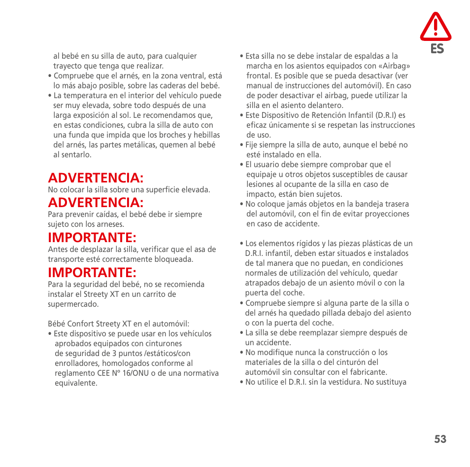 Advertencia, Importante | Bebe Confort Streety XT User Manual | Page 51 / 106