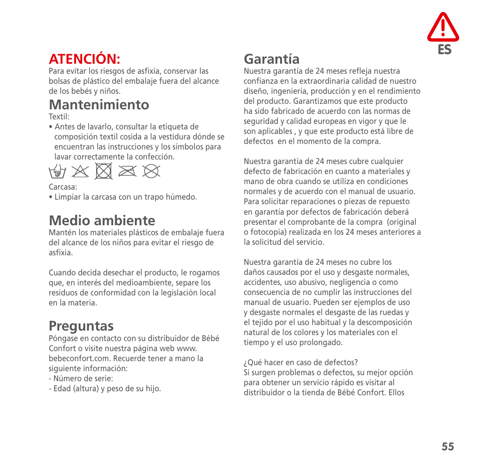 Atención, Mantenimiento, Medio ambiente | Preguntas, Garantía | Bebe Confort Streety XT User Manual | Page 53 / 106